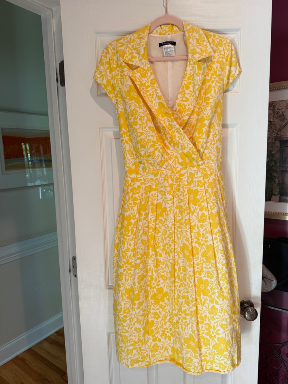 Yellow Floral Wrap-Front Midi Dress with Collar